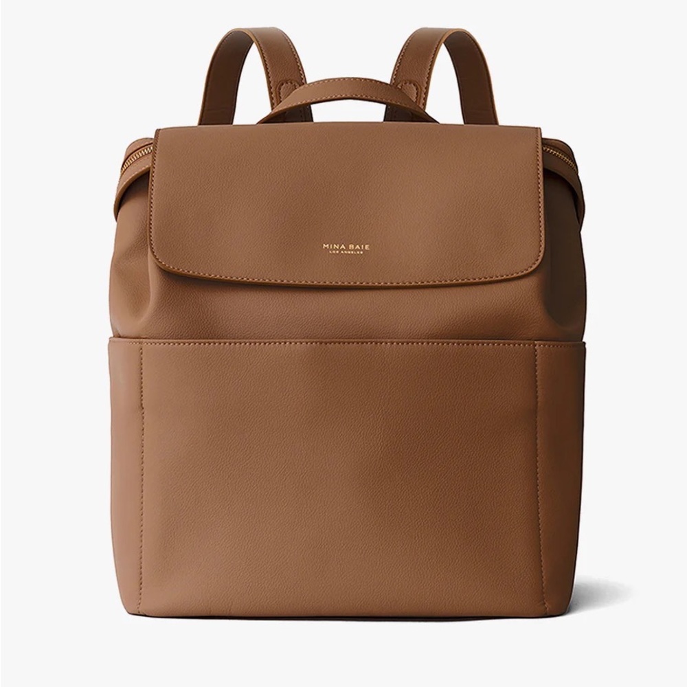 Mina Baie LEATHER Kinney Diaper Bag Terra Dark Tan Lightly Used w/ Dust Bag